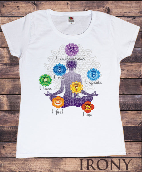 Women's T-Shirt Buddha Meditation Chakra Symbols- Understand, see, feel,  love Geometric Design TS899