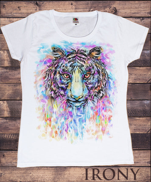 Colour mix Explosion- White T-Shirt tiger Beautiful Print Colourful Tiger TS747 Women\'s