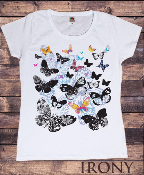 Women\'s White T-shirt Over TS246 Novelty Scattered Design Summer Butterfly All