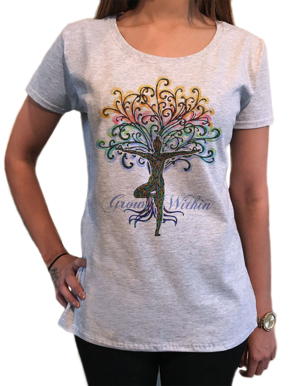 Women's T-Shirt Colourful Meditation Yoga Pose Grow Within Tree