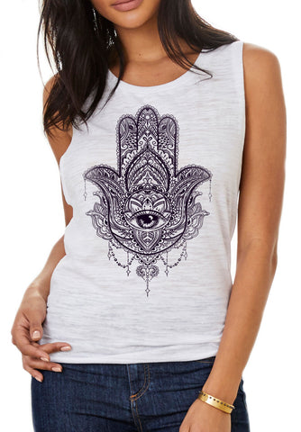 Women's Flow Scoop Muscle Tank Fatima Hamsa Hand Boho Zen Eye Print TSB1363