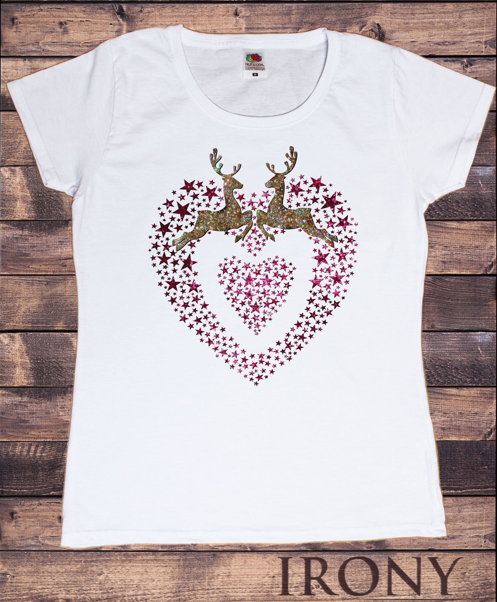 Stars Christmas Effect T-Shirt Heart White Women\'s Novelty Print Glitter TSXmas5 Reindeer